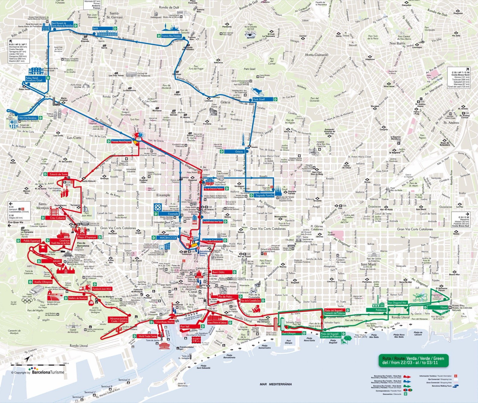 Mapa autobusu hop on hop off v Barceloně s Červenou a Modrou linkou a všemi zastávkami